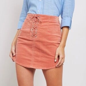 Forever 21 Corduroy Lace Up Mini Skirt Ladies M Pink Coquette Stretch Fall EUC